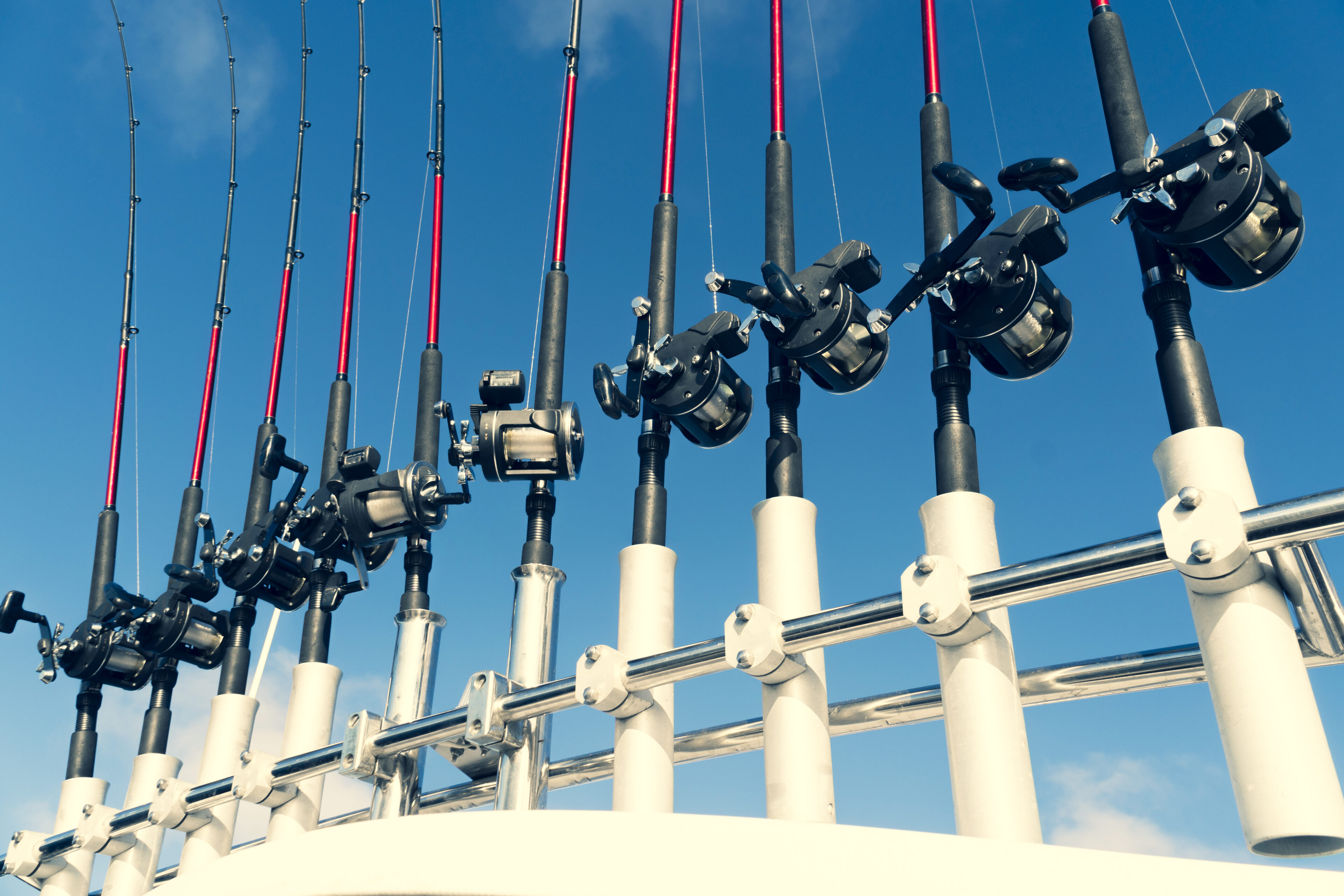 Fishing rods lined up against blue sky.