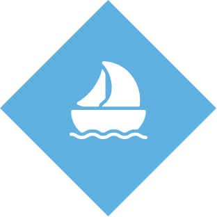 Sailboat icon on blue diamond background.