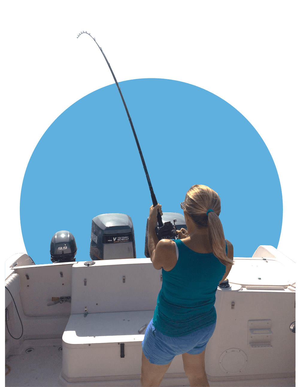 A woman fishing on a boat under clear blue skies.