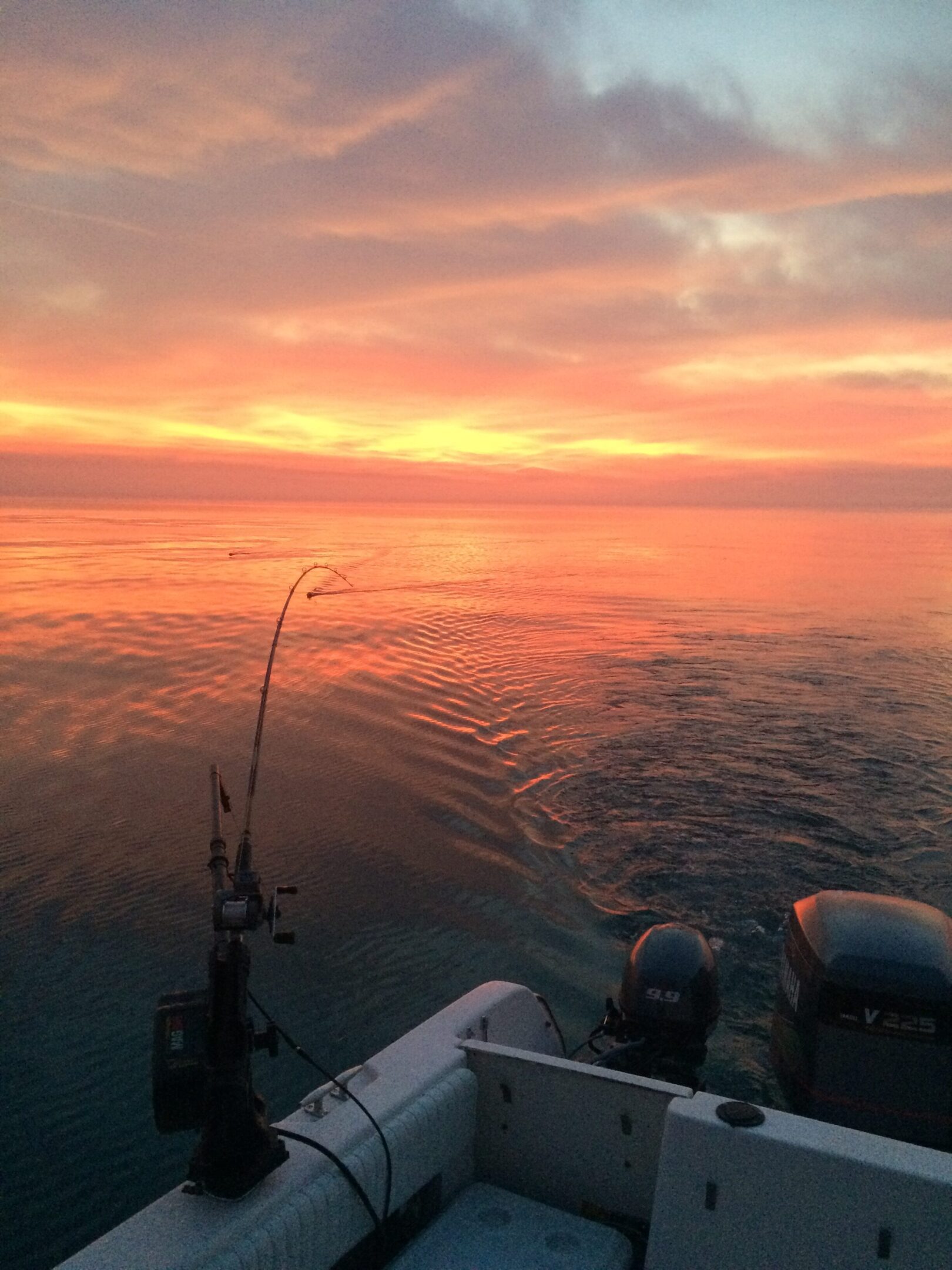 A fishing rod over calm water at sunset with vibrant orange and pink skies.